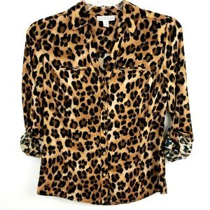 Dana Buchman Leopard Print Blouse Tab Long Sleeve